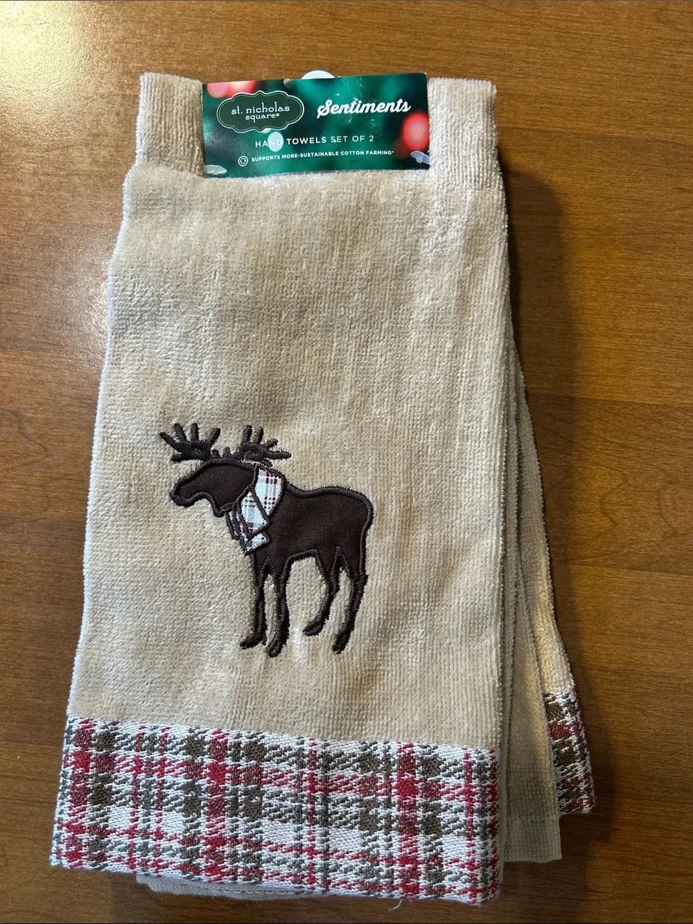St. Nicholas Square Beige Holiday Moose Embroidered Kitchen Towels